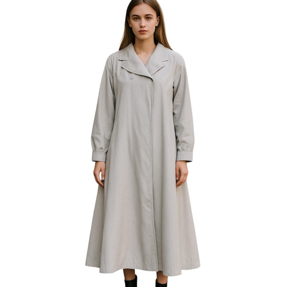 Vintage Light Grey Swing Trench Coat Hidden Buttons Shoulder Pads Sz 12 *Flaw